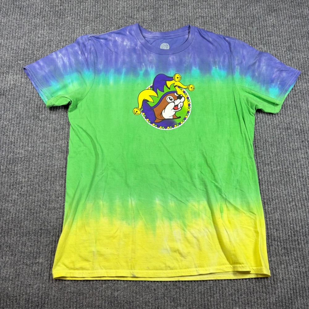 Bucees Shirt Mens M Mardi Gras Tie Dye  Peace Love & Mardi Gras Purple Green